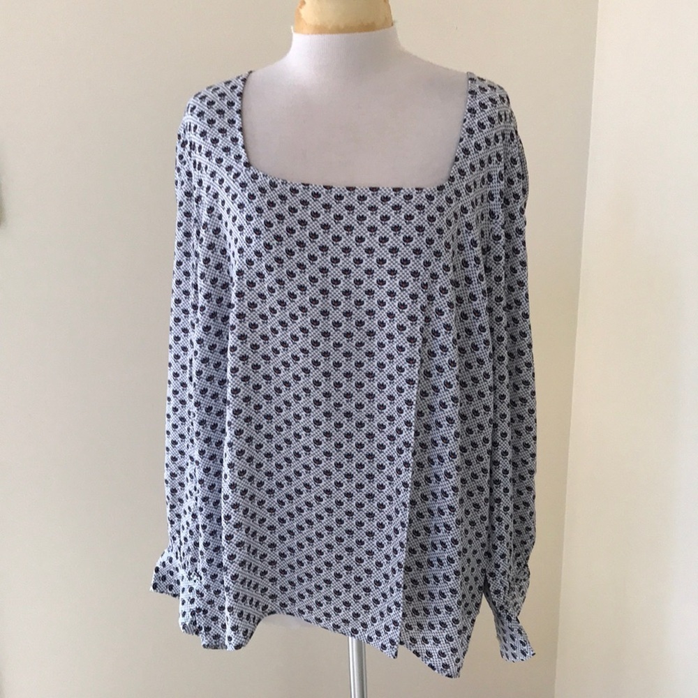 Loft large white printed long sleeve square neck top.